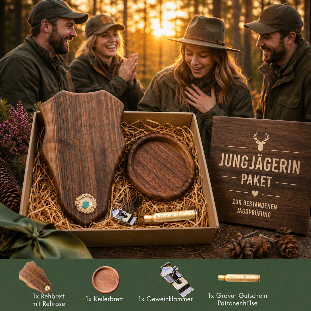 Das perfekte Geschenk zur bestandenen Jagdprüfung für Jägerinnen- individuell &amp; personalisiert - Massivholz der Schwarznuss mit Rehrose und Turquois